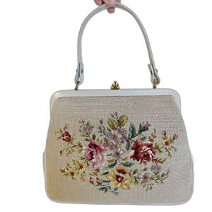 Vintage 1950s Floral Needlepoint Beige Handbag Shoulder Bag Purse